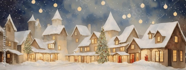 Obraz Small Christmas houses in snowy winter, falling snowflakes. Watercolor drawing, generative ai.