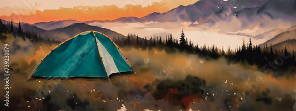 Obraz Tent against the backdrop of the mountains, camping in the wild. Watercolor drawing, generative ai.