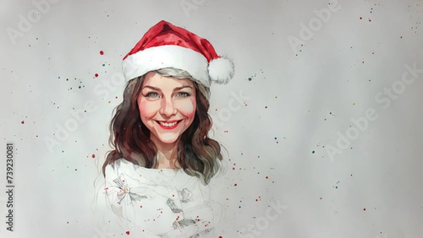 Obraz Christmas girl santa claus in a red cap. Watercolor drawing, generative ai.