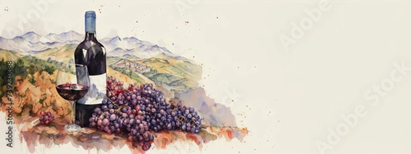 Obraz A bottle of wine with a vineyard on the background of a plantation. Drawing, generative ai.