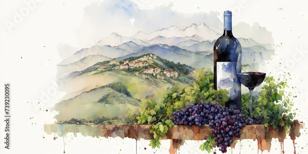 Obraz A bottle of wine with a vineyard on the background of a plantation. Drawing, generative ai.
