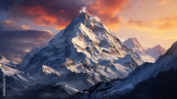 Fototapeta Panoramic view of a majestic mountain range at sunrise, peaks covered in snow, alpenglow on the mountaintops, conveying the grandeur of high-altitude