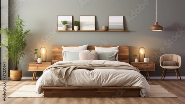 Fototapeta Minimalist bedroom with a low bed, monochromatic bedding, and minimal decor, conveying the peaceful and uncluttered ambiance, Photorealistic, minimali