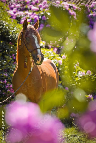 Obraz Arabischer Hengst mit Frühlingsblumen, Pferd mit Blumen, Frühling
