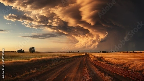 Obraz Thunderstorm over a prairie, dramatic lightning bolts illuminating the vast open land, dark storm clouds overhead, portraying the power and scale of s