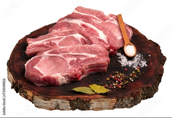 Fototapeta Raw fresh pork meat cut into pieces for frying (pork steak) with spices and salt on a wooden board. On a transparent background