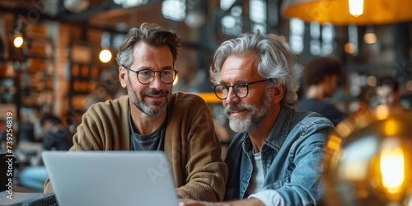 Fototapeta Two businessmen working together on a laptop, demonstrating intergenerational cooperation and business success.