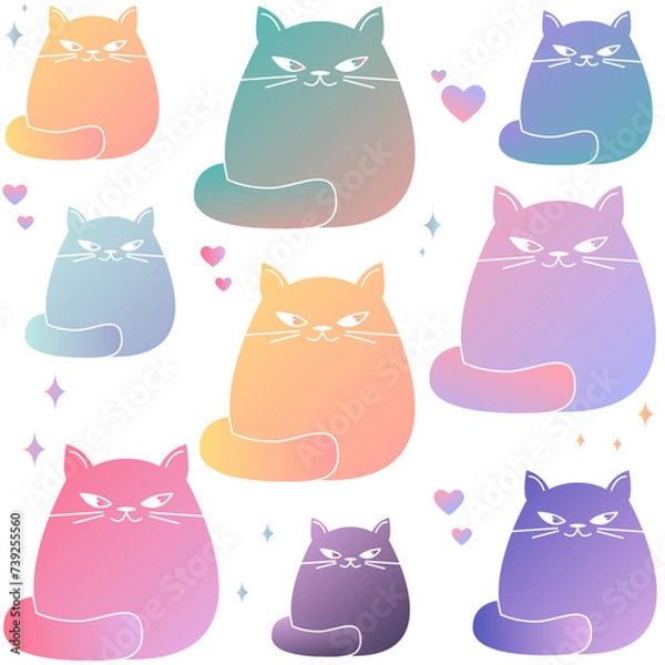 Fototapeta Cute and funny cats vector pattern. Cartoon cat  kitten collection with gradient. Pattern animals isolated on white background.