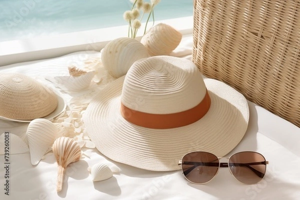 Fototapeta An elegant sunhat surrounded against a backdrop of soft white fabric and a sea view, invoking a beach resort feel, capturing the essence of a tranquil summer day.