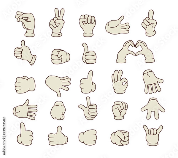 Obraz Set and collection of hands in different positions of comic character. Groovy design. Hippie and 70s style elements. Cute and fun character. Vector. Glove. Sticker pack. High five. Vintage mascot