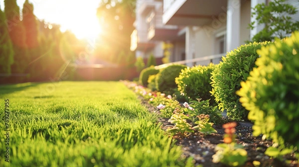 Fototapeta Manicured lawn and flowerbed with shrubs in sunshine, on a residential house backyard