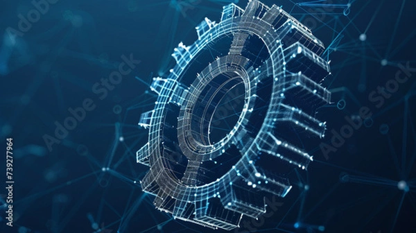 Fototapeta Wireframe illustration of a gear. Mechanical technology machine engineering symbol. Project development, engine work, business plan illustration