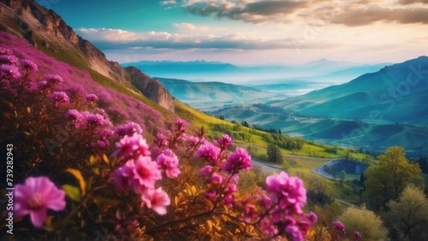 Obraz Vibrant colors, delicate and blooming flowers on trees with beautiful view to Valley