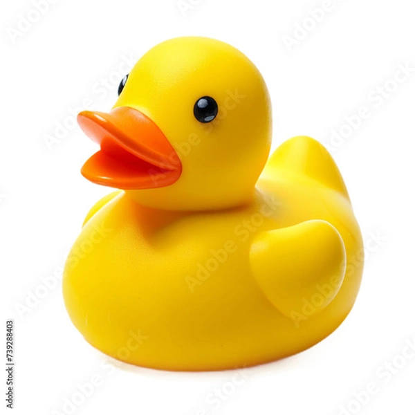 Fototapeta Single Yellow Rubber Duck - Cute Bath Toy Isolated on White Background