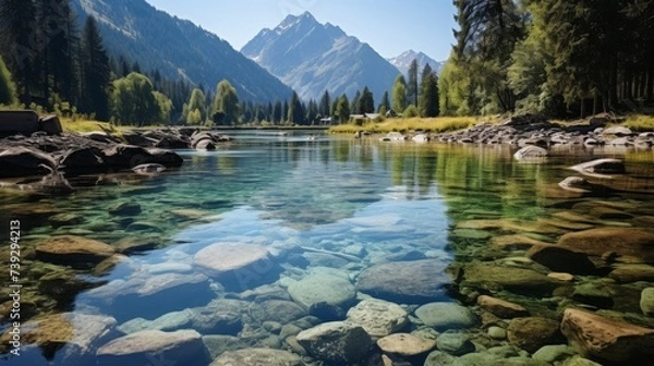 Obraz Alpine lake surrounded by snow-capped mountains, crystal clear water revealing the rocky bottom, pristine and untouched nature, Photography, high-resolution ima