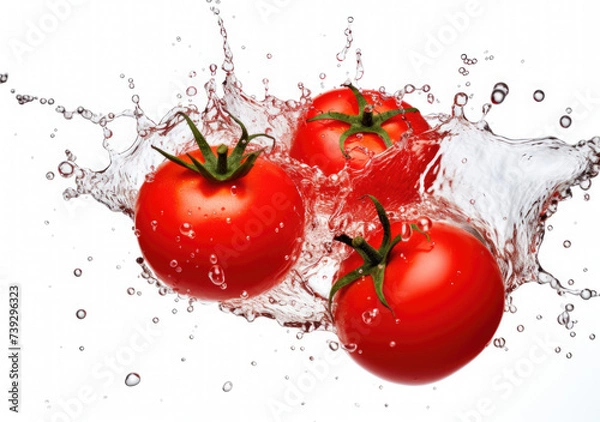 Fototapeta Fresh while tomatoes with water splash on white background