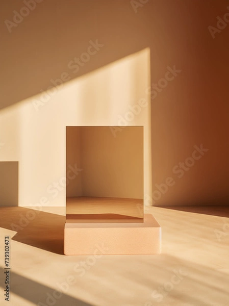 Fototapeta empty room with mirror on a pedestal.Minimal creative interior concept.Peach fuzz.Top view,copy space.Generative AI