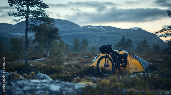 Fototapeta A bikepacking adventurer setting camp in a remote wilderness area at dusk with their bicycle leaning against a backdrop of untouched nature.