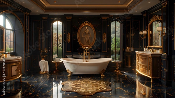 Fototapeta A luxury bathroom with a black and gold color scheme. Interior design. Created with generative AI.