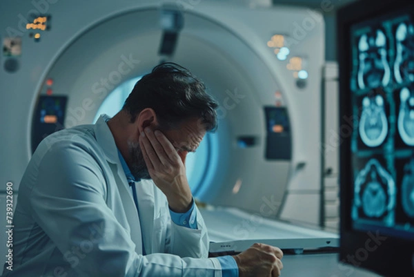 Fototapeta Sad Doctor Examining MRI Scan with Patient's Bad Test Results. Generative AI.