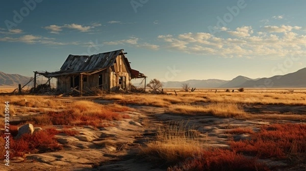 Fototapeta A lone desert outpost, a small shelter providing respite from the expansive, arid surroundings, the