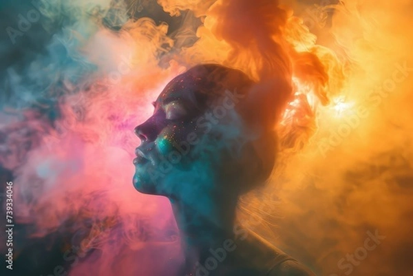 Fototapeta Colorful powder portrait of kolata with colorful powder, in the style of cosmic abstraction, smokey background