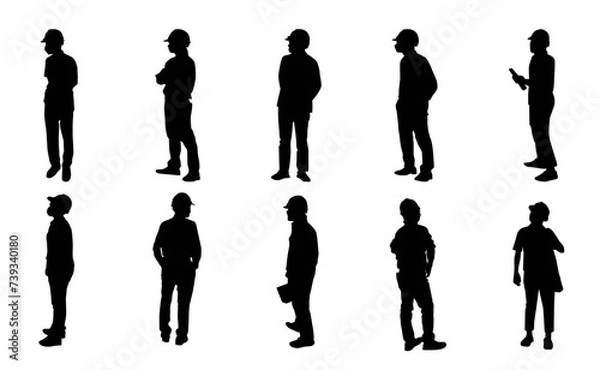 Fototapeta Construction engineer silhouette, Architect man and woman labor standing, Vector set supervisor working on white background, Icon silhouette worker man meeting set, Design for logo, socialmedia