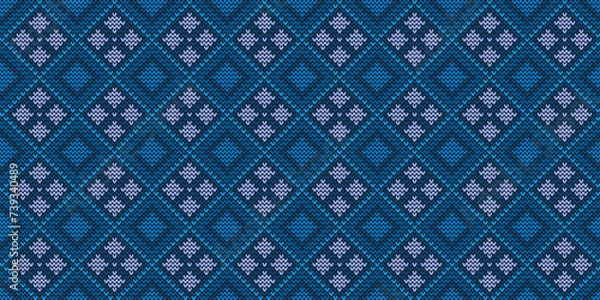 Obraz Crochet pattern, Vector cross stitch zigzag background, Knitted ethnic repeat Navajo style, Blue pattern oriental illustration, Design for textile, fabric, carpet, tile, mugs