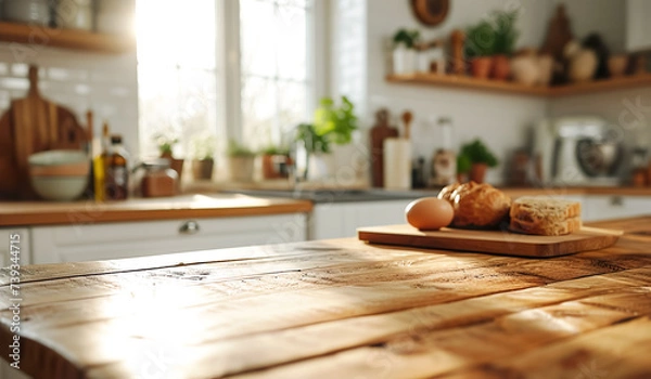 Fototapeta Cozy kitchen room with wood counter top island and bread or food ingredient,kitchenware in rustic style.interior design background.