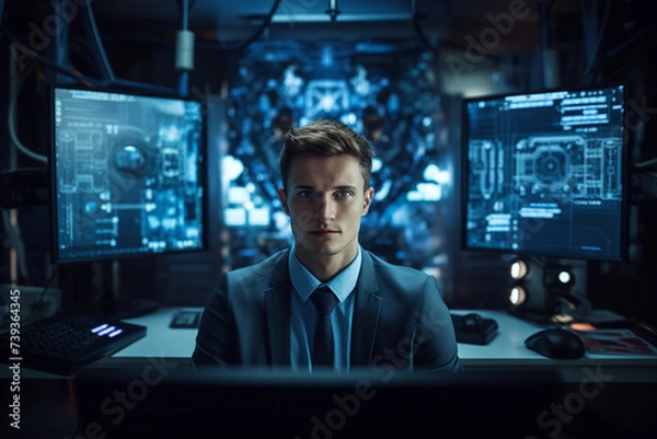 Fototapeta Created with generative AI picture of confident office worker IT specialist system administrator manager