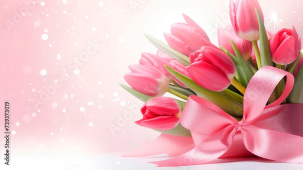 Fototapeta A bouquet of pink tulips with a ribbon in the shape of a bow on a pink shimmering background