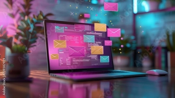 Fototapeta 3d render of laptop with flying envelopes and letter, illustrating the concept of email marketing.
