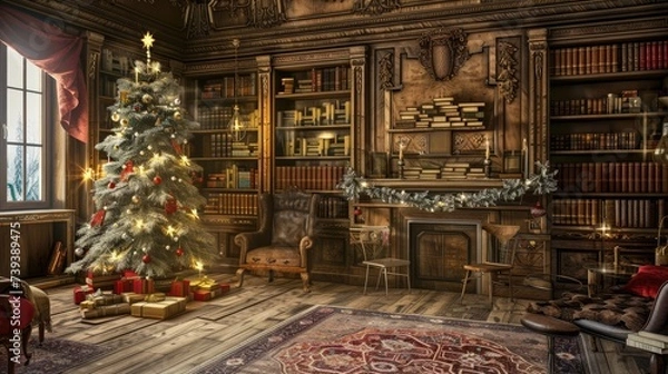 Fototapeta Christmas setting with an armchair by the fireplace and a bookcase close to a Christmas tree decorated with garlands and gifts in red boxes, Generative AI illustration