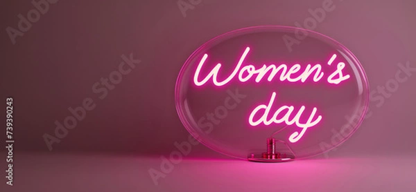 Fototapeta Neon sign celebrating Women's Day glowing within a transparent bubble against a magenta backdrop