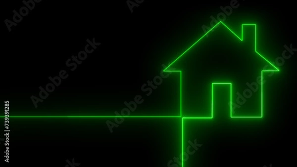 Fototapeta Neon line home icon. Neon line Cool linear illustration home icon.  House icon glowing neon light on black background.