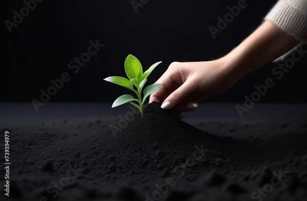Fototapeta Human hands taking care of a seedling in the soil 