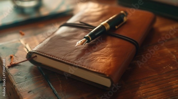 Fototapeta A captivating shot of a leather-bound notebook and vintage pen, symbolizing a thoughtful Father's Day gift for a dad who loves to jot down memories, in vivid