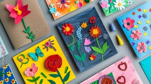Fototapeta A collage of finished Father's Day and Mother's Day cards displayed against a neutral background, emphasizing the diversity of creative expressions in high-definition
