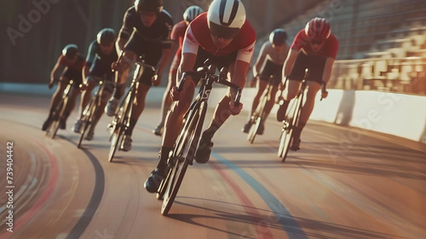 Fototapeta A professional cycling team training on a velodrome their synchronized movements and speed demonstrating the precision and teamwork required in track cycling.