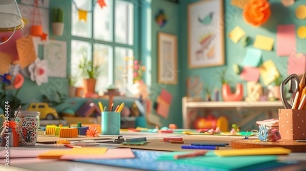Fototapeta A cozy and well-lit crafting space with a mix of colorful paper, glue, and scissors, inviting the creation of unique Father's Day and Mother's Day cards, presented in stunning