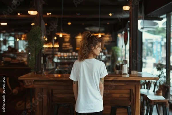 Fototapeta Rear view of a pensive woman in a casual white t-shirt, sitting alone in a cozy urban cafe adorned with warm string lights.