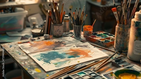 Fototapeta A creative workspace with a variety of paints, brushes, and stencils for designing artistic Father's Day and Mother's Day cards, emphasizing the hands-on process in realistic