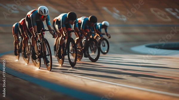 Fototapeta A professional cycling team training on a velodrome their synchronized movements and speed demonstrating the precision and teamwork required in track cycling.