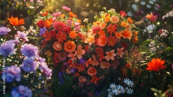 Fototapeta A heartwarming scene of a blooming garden with vibrant flowers arranged in the shape of a heart, celebrating Mother's Day in realistic