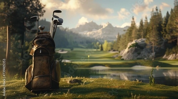 Fototapeta A picturesque shot of a rustic golf bag and clubs against a scenic golf course backdrop, symbolizing a Father's Day spent on the golf course, presented in realistic