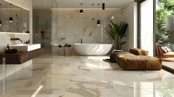 Fototapeta A sleek bathroom. Marble tiles interior design. Created with generative AI.