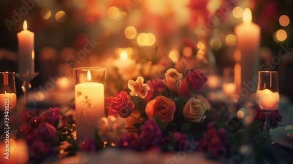 Fototapeta An enchanting scene of a candlelit dinner table decorated with elegant flowers, creating a romantic and intimate setting for Mother's Day celebrations, portrayed in stunning