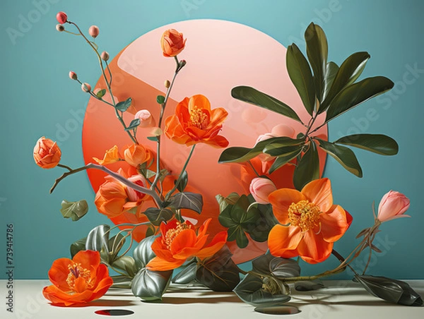 Fototapeta Chinese painting featuring flowers blank circle frame