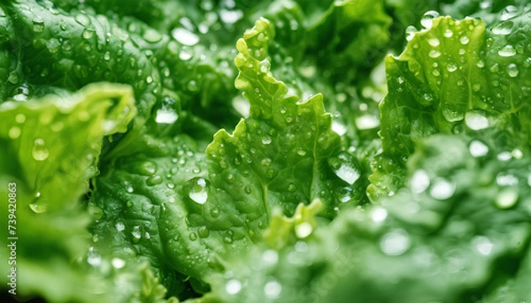 Fototapeta Healthy Salad Greens: Close-Up Photography of Fresh Lettuce Leaves with Water Droplets - Vibrant Colors and Nutritional Freshness Ideal for Vegan Cuisine and Farming Advocacy - Green Leaf with Drops