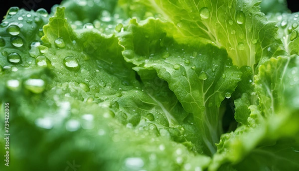 Fototapeta Nutritional Salad Greens: Close-Up Shot of Fresh Lettuce Leaves with Dew Drops - Ideal Ingredient for Healthy Vegetarian Meals and Agriculture Education Initiatives - Green Leaf with Drops